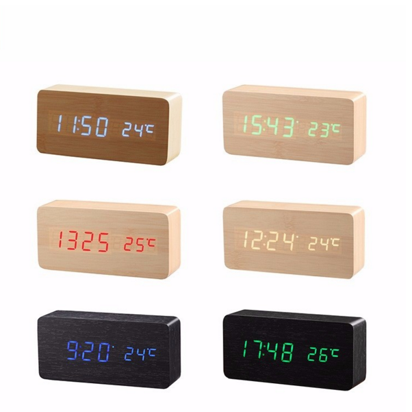 Orologio Sveglia In Legno Cubo A Led Temperatura Display Allarme Casa Clock 13X7