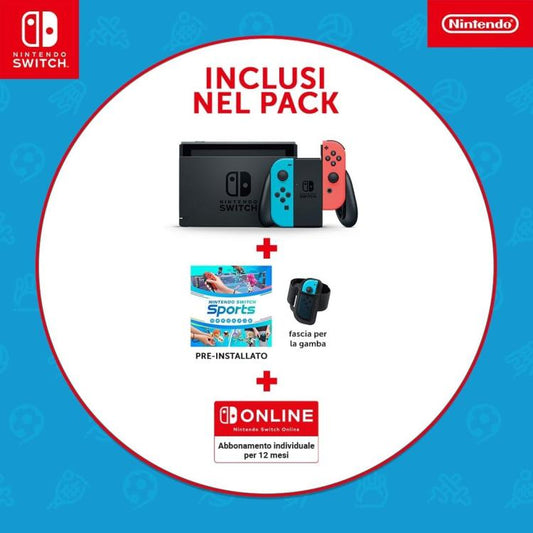 Nintendo Switch Console 1.1 Neon Blue/Red + Switch Sport + Fascia + 12 Mesi Nso
