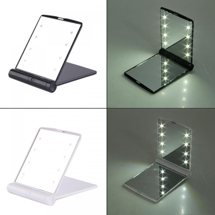Specchio Mini Da Trucco Illuminato Led Portatile Make Up Rotante Luce Pieghevole