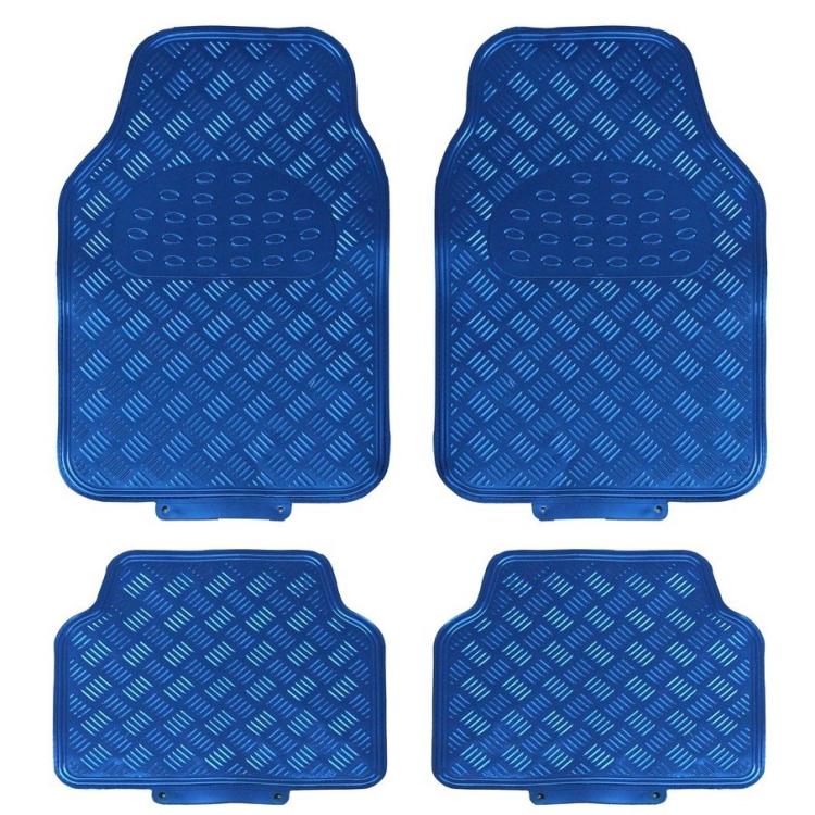 Set 4 Tappetini Tappeti Per Auto Universali Gomma Effetto Metallo Cromato (Blu)