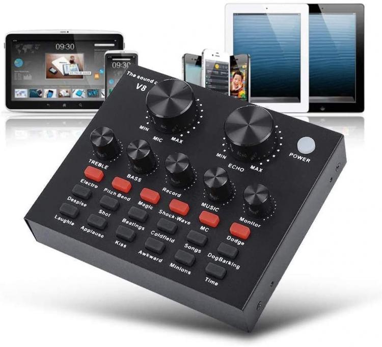 BM-800 MICROFONO CONDENSATORE PER CANTO + V8 SCHEDA AUDIO PC KARAOKE STREAMING