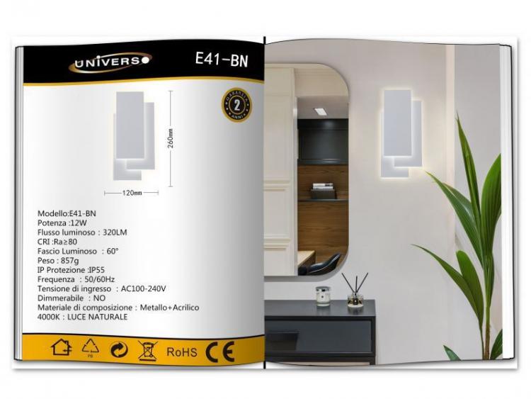 APPLIQUE LED LUCE BIANCA VETRO A PARETE 12W LAMPADA MODERNO LUCE NATURALE E41-BN