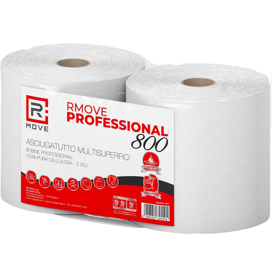 R Move 4 Rotoloni di Carta asciugatutto, Bobina industriale mani Professionale a 800 Strappi, Asiugamani Pura Cellulosa lunga durata extra resistente, assorbenti da cucina, 3200 strappi totali