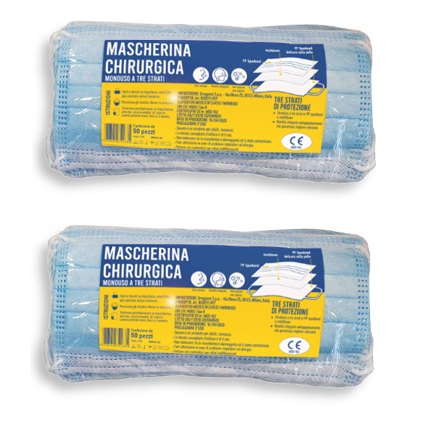 100 PZ MASCHERINE CHIRURGICHE MONOUSO FILTRANTI IN TNT AZZURRO 3 STRATI OSPEDALE
