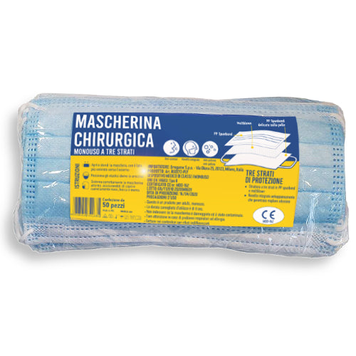 50 PZ MASCHERINE CHIRURGICHE MONOUSO FILTRANTI IN TNT AZZURRO 3 STRATI
