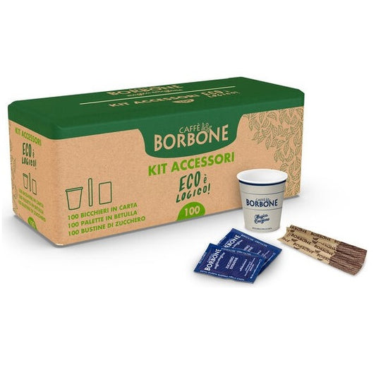 BORBONE KIT ACCESSORI ECOLOGICO CAFFE' 100PZ BICCHIERINI + PALETTE + ZUCCHERO