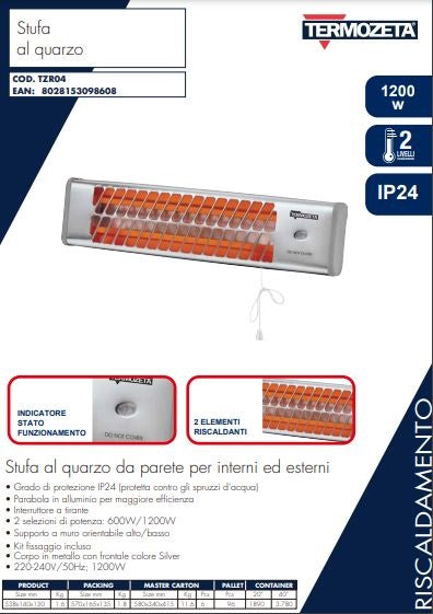 Termozeta Stufa Quarzo Alogena A Parete Muro Soffitto Ip24 Elettrica 1200W Tzr04