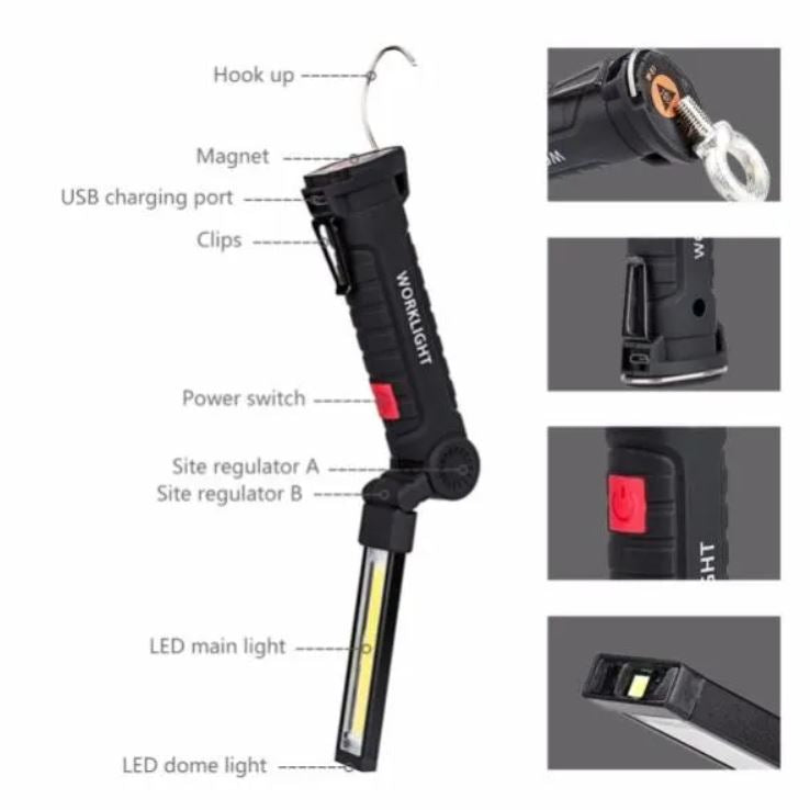 Lampada Torcia Led Lavoro Gancio Calamita Portatile Ricaricabile Officina Pesca