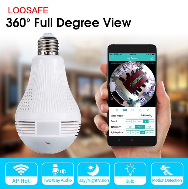 Telecamera Panoramica 360° A Lampadina E27 Wifi Hd Led Audio Ip Camera Fisheye