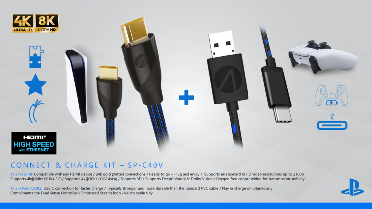 Kit Charge E Connect Stealth Ps5 Cavo Di Ricarica Controller + Cavo Hdmi 4K 2M
