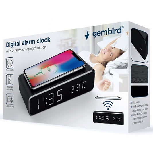 Gembird Sveglia Digitale Funzione Caricatore Wireless Ricarica Smartphone Nera