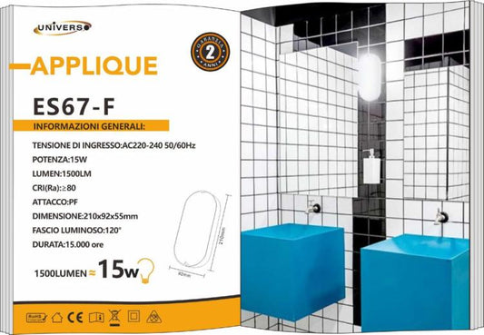 Plafoniera 15W Applique Ovale Lampada Da Esterno Led Muro Parete Ip65 220V 6500K