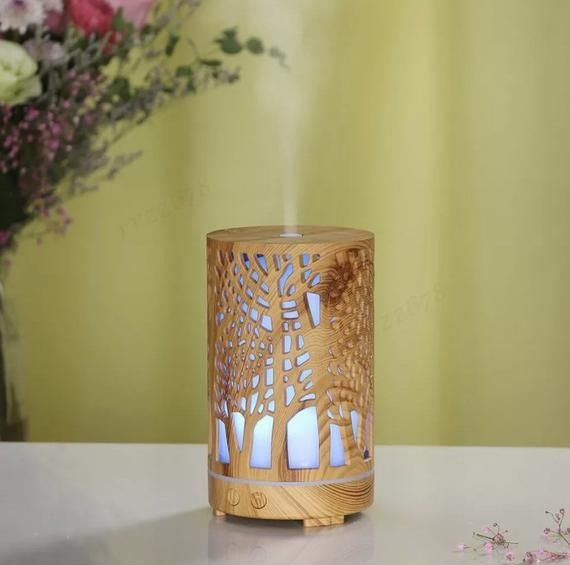 DIFFUSORE AROMI OLI ESSENZIALI 7 LED AROMATERAPIA ULTRASUONI LEGNO CROMOTERAPIA