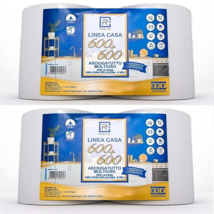 4 ROTOLONI CARTA BOBINA DOPPIA LINEA CASA RMOVE 600+600 2 VELI PURA CELLULOSA