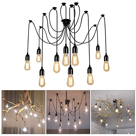Lampadario 12 Pendenti A Sospensione Regolabile Nero E27 Lampada Ragno Vintage