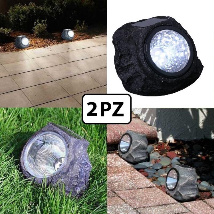 2X LAMPADA LUCE FARO SOLARE DA GIARDINO ESTERNO FORMA DI ROCCIA 4 LED SEGNAPASSI