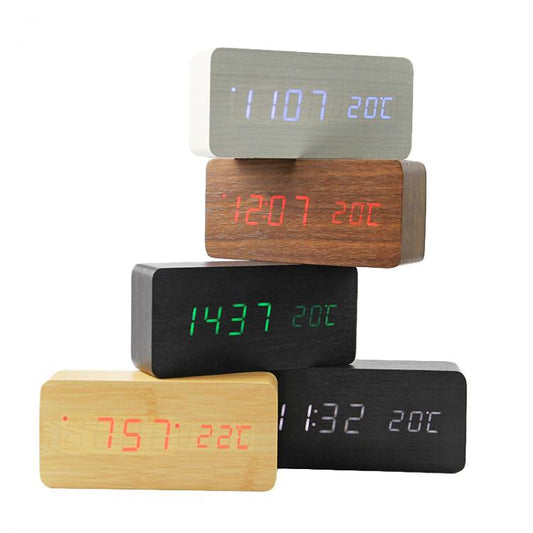 Orologio Sveglia In Legno Cubo A Led Temperatura Display Allarme Casa Clock 13X7