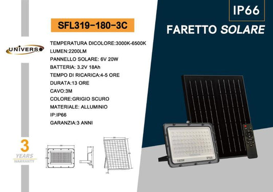 Universo Faro Led Esterno Faretto + Pannello Solare 3C (3000K-4000K-6500K) 180W
