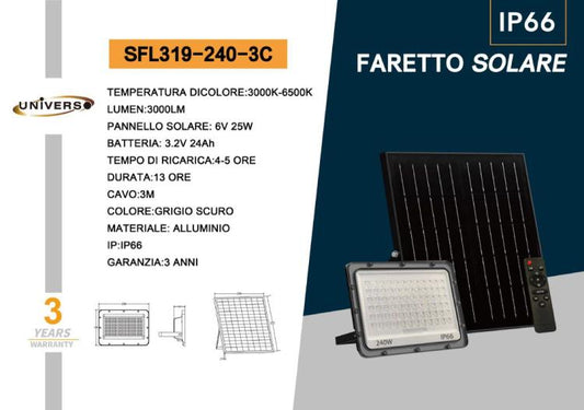 Universo Faro Led Esterno Faretto + Pannello Solare 3C (3000K-4000K-6500K) 240W