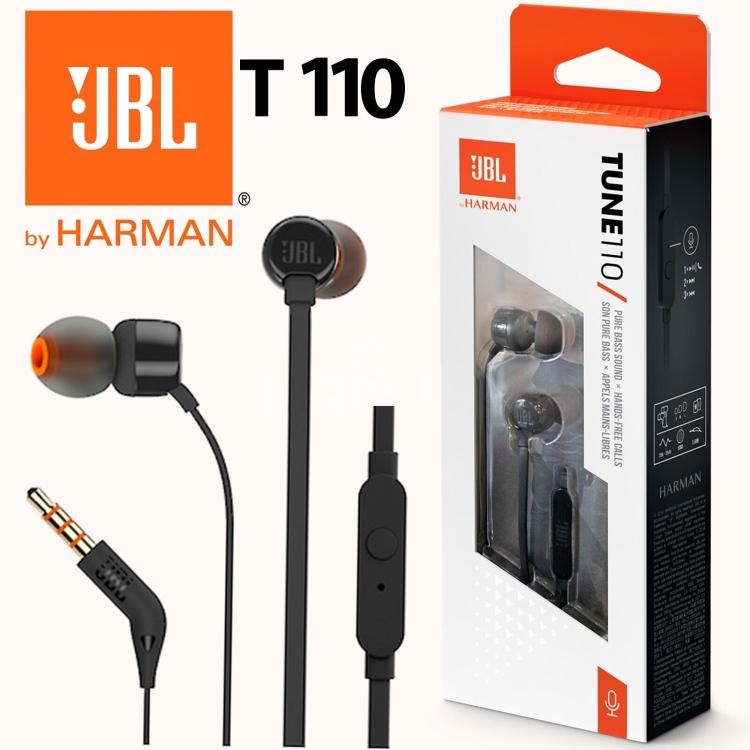 Jbl Auricolari Tune 110 Wired Cuffie Filo T110 Pure Bass Cavo Piatto 3.5Mm Black