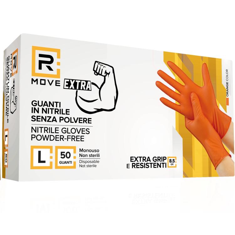 Rmove 50Pz 8.5Gr Da Lavoro Guanti Nitrile Arancione Senza Polvere Full Grip (L)