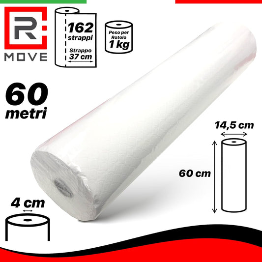 R MOVE 6 Rotoli Carta per Lettino Massaggio 60 metri, Lenzuolino Medico Monouso per lettino 60cm altezza, 2 veli pura cellulosa, lenzuolini per estetista, rotoli medici, rotolo lettino estetista