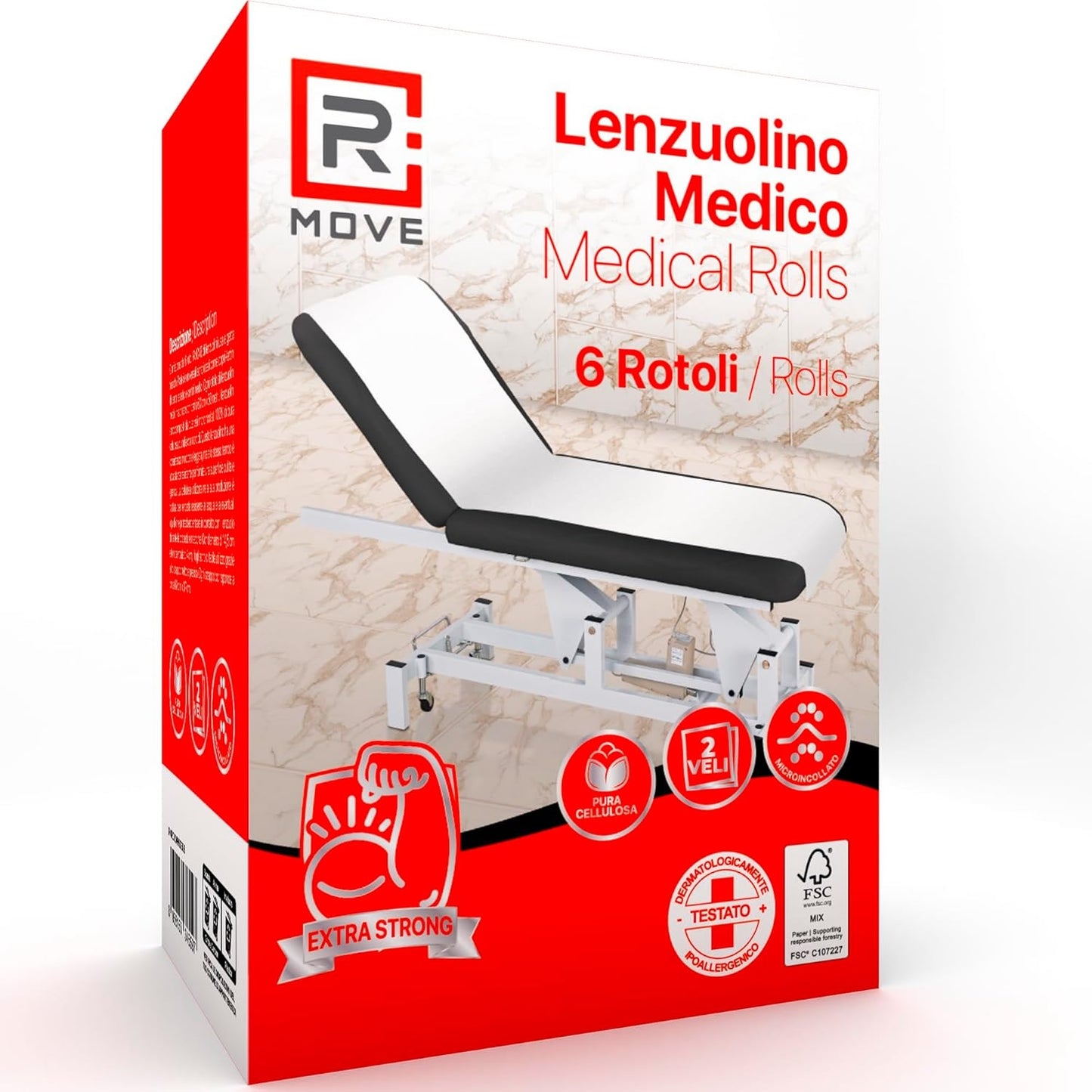R MOVE 6 Rotoli Carta per Lettino Massaggio 60 metri, Lenzuolino Medico Monouso per lettino 60cm altezza, 2 veli pura cellulosa, lenzuolini per estetista, rotoli medici, rotolo lettino estetista