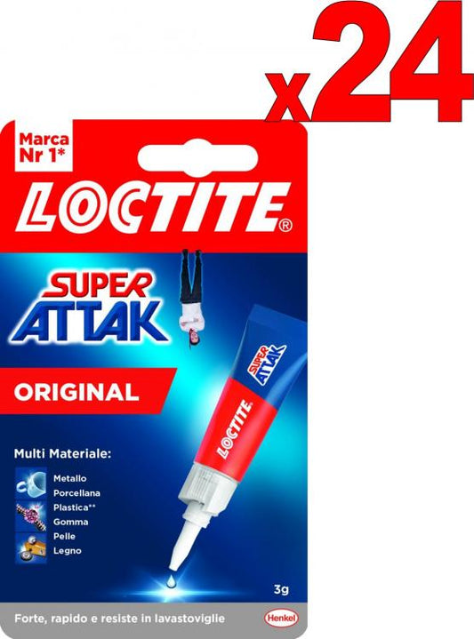 24pz LOCTITE SUPER ATTAK ORIGINAL 3gr ESPOSITORE COLLA VERSATILE MULTIUSO ATTACK