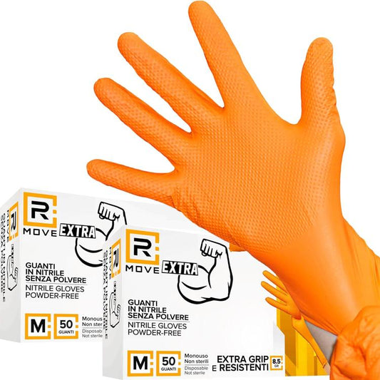Rmove 100Pz 8.5Gr Da Lavoro Guanti Nitrile Arancione Senza Polvere Full Grip (M)
