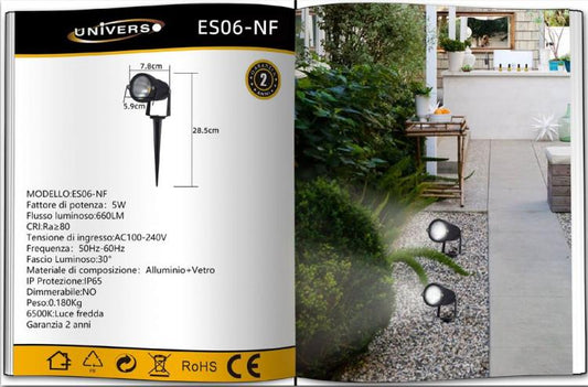 Faretto Led 5W Da Esterno Con Picchetto Giardino Staffa Parete Proiettore 6500K