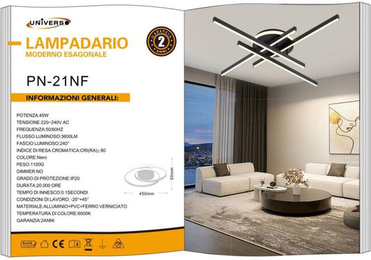Plafoniera Moderna A Led 45 Watt Lampada Lampadario Nero Soffitto Fredda 6500K