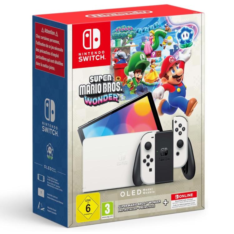 Nintendo Switch Oled White Console Bianca +Super Mario Wonder + 12 Mesi Abbonam.