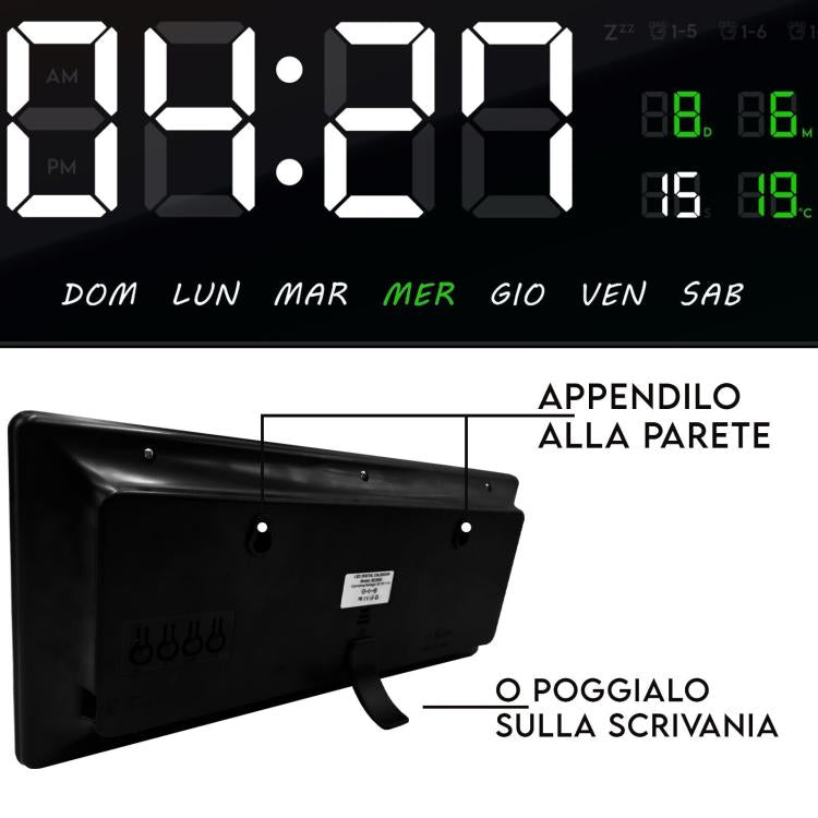 Orologio Digitale Da Parete Muro A Led Data Sveglia Temperatura Calendario 36X16