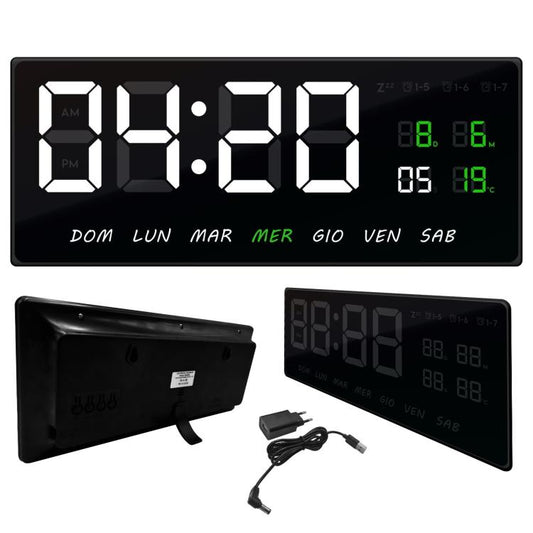 Orologio Digitale Da Parete Muro A Led Data Sveglia Temperatura Calendario 36X16