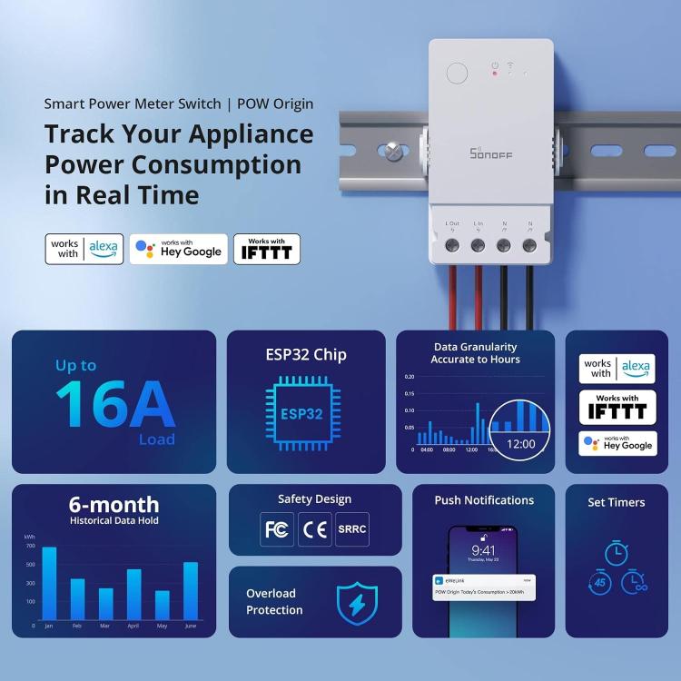 Sonoff Powr316 Origin Wifi Smart Switch 16A Misuratore Potenza Consumi App Alexa