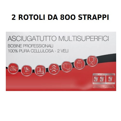 2 ROTOLONI DI CARTA BOBINA PROFESSIONALE A 800 STRAPPI ASIUGAMANI PURA CELLULOSA