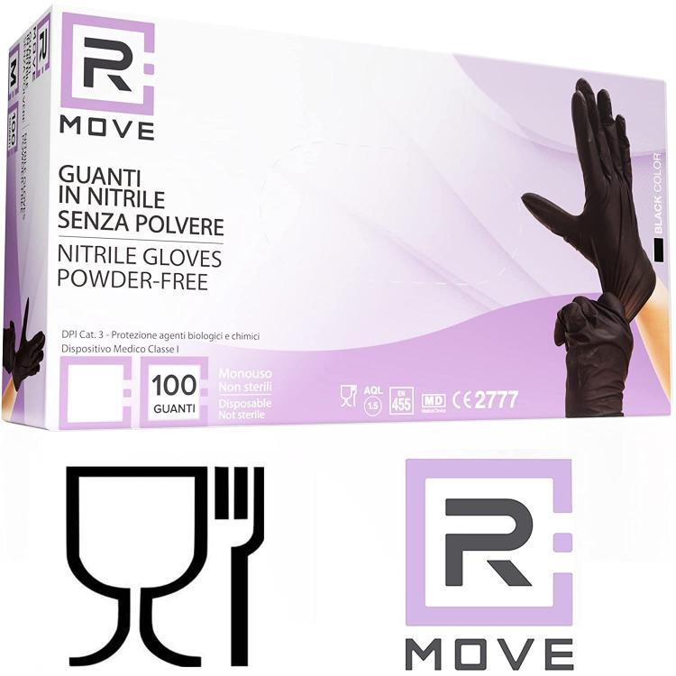 100 Guanti Monouso Nitrile Neri No Polvere Ipoallergenici Alimenti Estetica S
