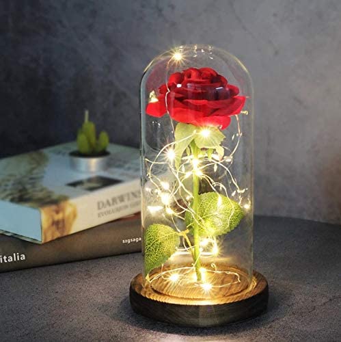CAMPANA CUPOLA CON ROSA ETERNA LUCE LED BELLA E LA BESTIA NATALIZIA LUCE CALDA