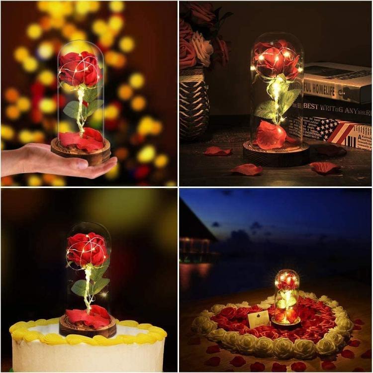 CAMPANA CUPOLA CON ROSA ETERNA LUCE LED BELLA E LA BESTIA NATALIZIA LUCE CALDA