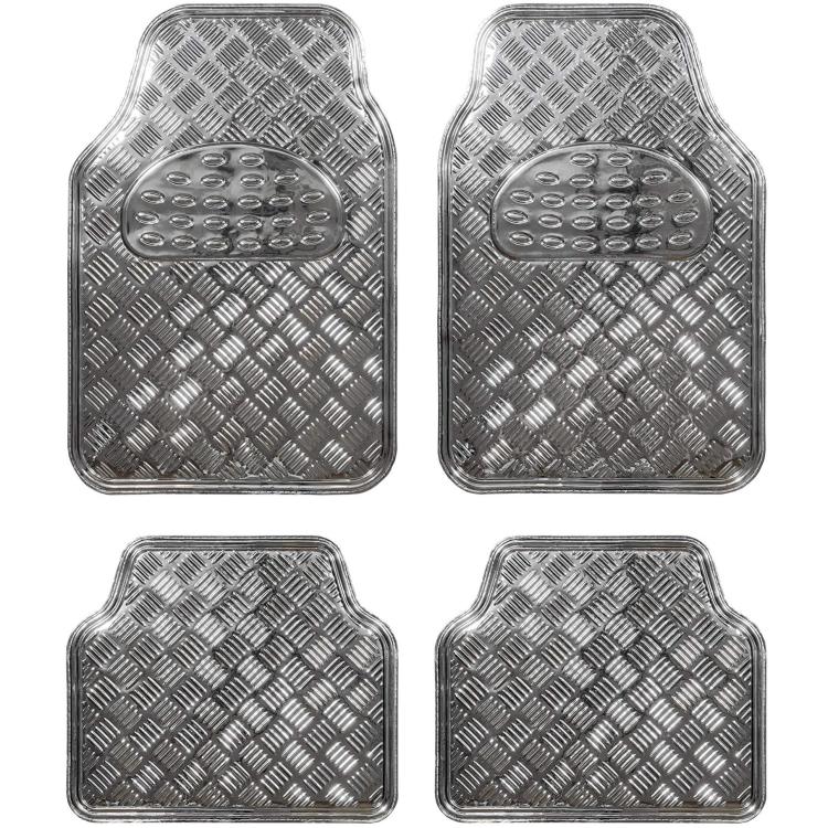 Set 4 Tappetini Tappeti Auto Universali Gomma Effetto Metallo Cromato (Argento)