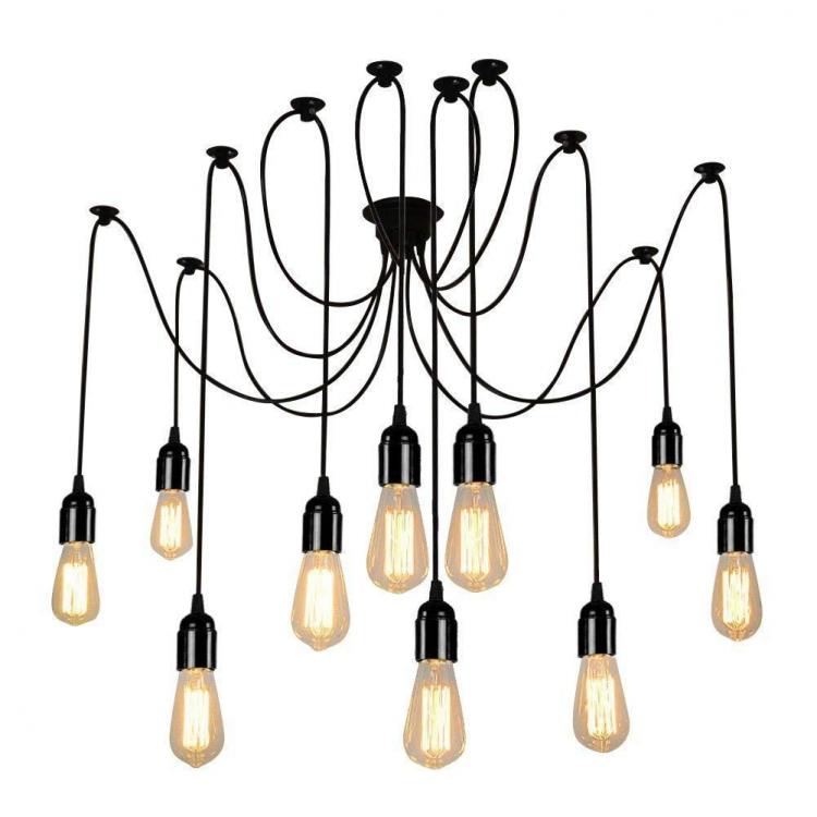 Lampadario 12 Pendenti A Sospensione Regolabile Nero E27 Lampada Ragno Vintage