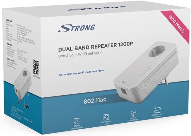 Strong Repeater Ripetitore Wifi 1200P Ant.Int. 5.0/2.4Ghz +1Schuko +1Lan Wps
