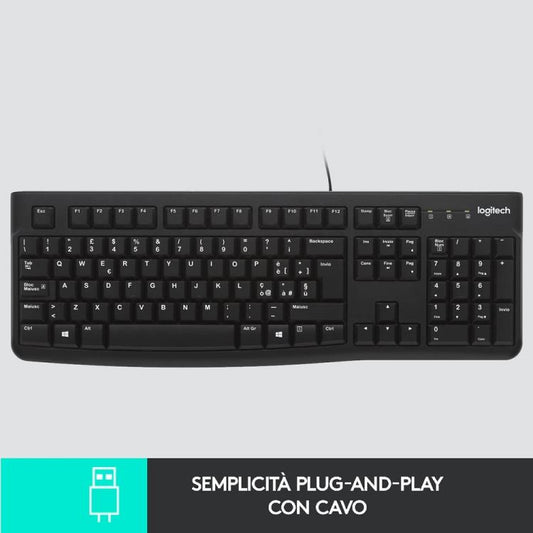Logitech K120 Tastiera Business Pc Cablata Usb Layout Italiano Qwerty Silenziosa