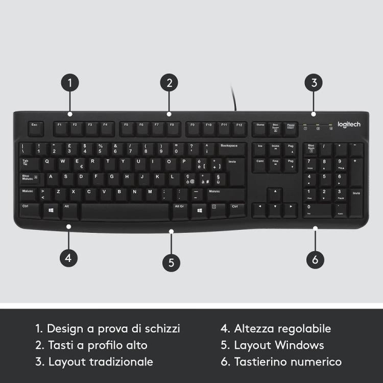 Logitech K120 Tastiera Business Pc Cablata Usb Layout Italiano Qwerty Silenziosa