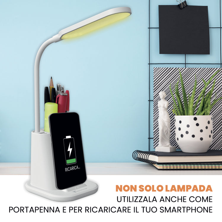 Techmade Lampada Da Tavolo Touch 3C Con Ricarica Wireless Smartphone Portapenne