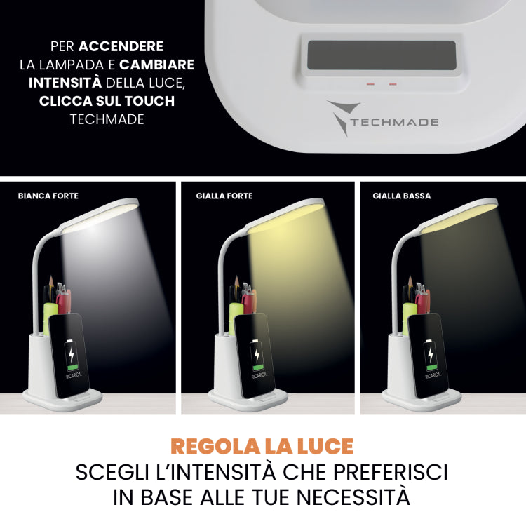 Techmade Lampada Da Tavolo Touch 3C Con Ricarica Wireless Smartphone Portapenne
