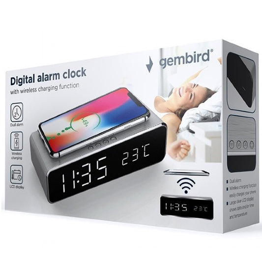 Gembird Sveglia Digitale Funzione Caricatore Wireless Ricarica Smartphone Silver