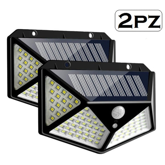 2 APPLIQUE 100LED LAMPADA ESTERNO PANNELLO SOLARE SENSORE MOVIMENTO CREPUSCOLARE