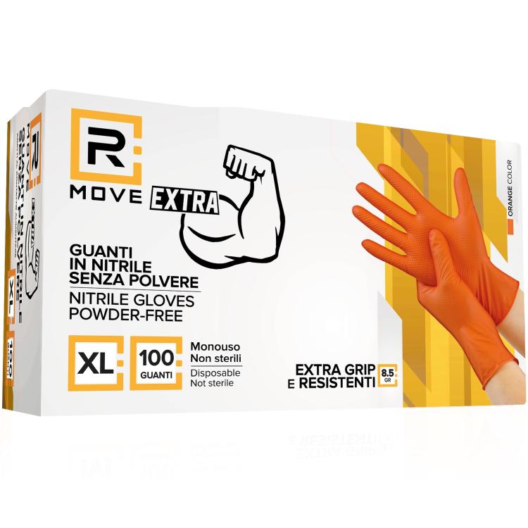 Rmove 100Pz 8.5Gr Da Lavoro Guanti Nitrile Arancione Senza Polvere Full Grip XXL