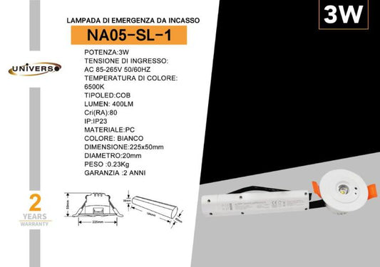 Faretto Di Emergenza Da Incasso 3W Led Cob Lampada Anti Blackout Mini Spot 6500K